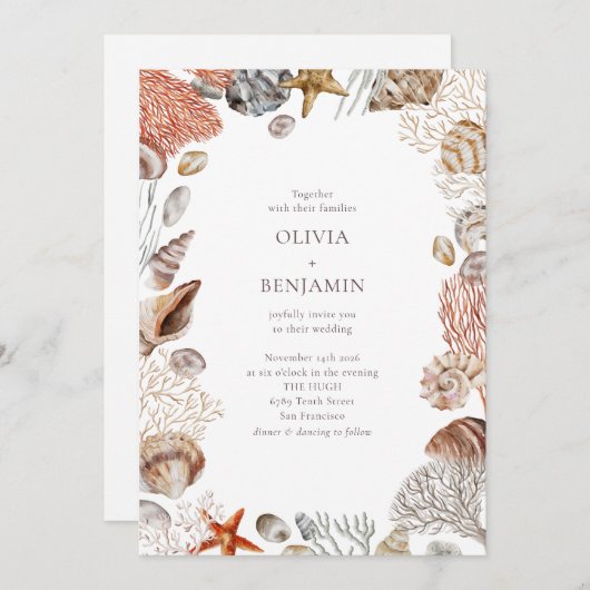 Invitation Boho Ocean Seashells Coral Beach Mariage unique (Devant / Derrière)