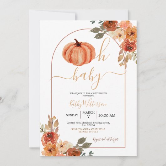 Invitation Boho Oh Baby Arch Citrouille Baby shower Fleur sau (Devant)