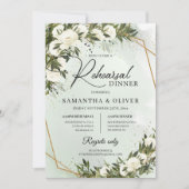 Invitation Boho Olive verdure roses blanches faux cadre or (Devant)