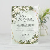 Invitation Boho Olive verdure roses blanches faux cadre or (Debout devant)