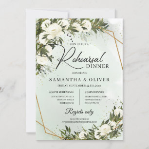 Invitation Boho Olive verdure roses blanches faux cadre or