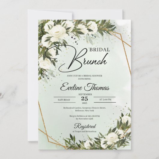 Invitation Boho Olivier feuillage blanc roses or brunch nupti (Devant)