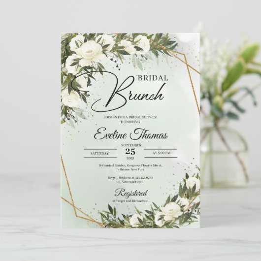 Invitation Boho Olivier feuillage blanc roses or brunch nupti (Debout devant)
