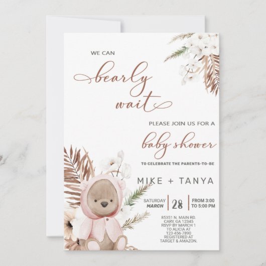 Invitation Boho on peut attendre longtemps ours baby shower i (Devant)