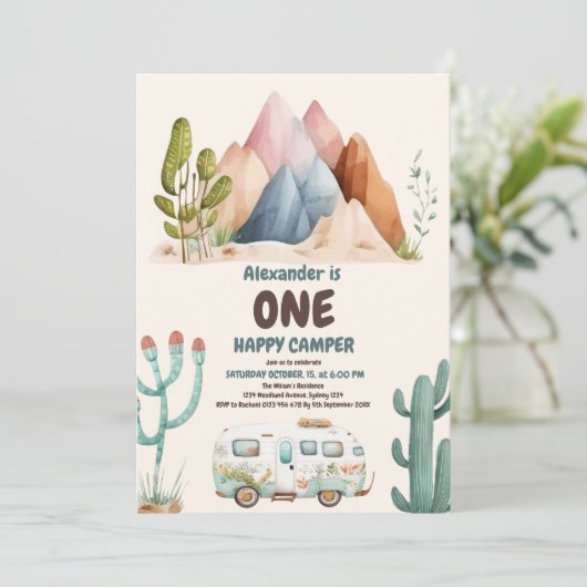 Invitation Boho One Happy Camper 1ère fête d'anniversaire (Debout devant)