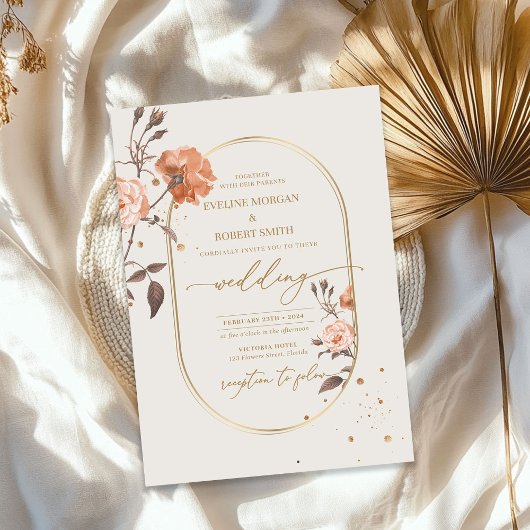 Invitation Boho or arche aquarelle rose tons marron feuille