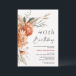 Invitation Boho Orange Beige Floral 40e anniversaire<br><div class="desc">Boho brûlé Orange Beige Floral 40e Anniversaire Invitation d'anniversaire d'inspiration bohémienne avec des arrangements floraux orange brûlé avec un soupçon d'herbe de pampas et une image calligraphie moderne comme cap. Idéal pour ceux qui recherchent une invitation de fête d'anniversaire d'inspiration bohème.</div>