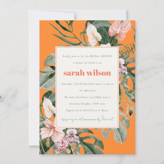 Invitation Boho Orange Blush Tropical Floral Fête des mariées (Devant)