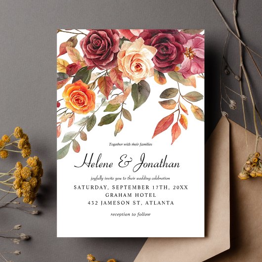 Invitation Boho Orange Bourgogne Elégant Mariage