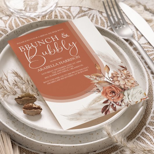 Invitation Boho Orange Brûlé Floral & Pampas Enterrement de V