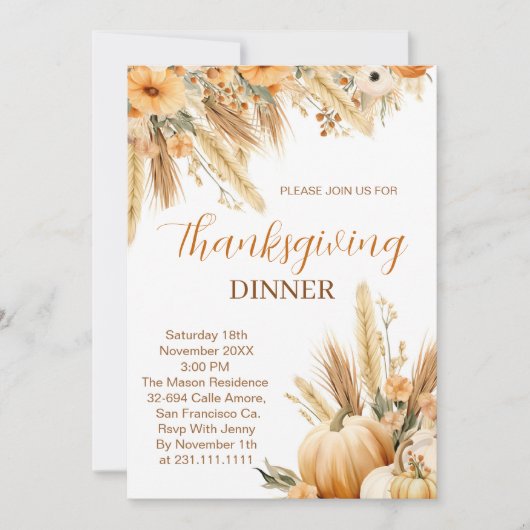 Invitation Boho Orange Citrouille Thanksgiving Dîner (Devant)