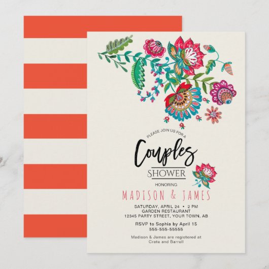 Invitation Boho Orange rayures Folk Flowers | Douche Couples (Devant / Derrière)