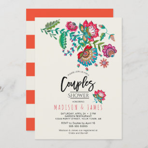 Invitation Boho Orange rayures Folk Flowers Douche Couples