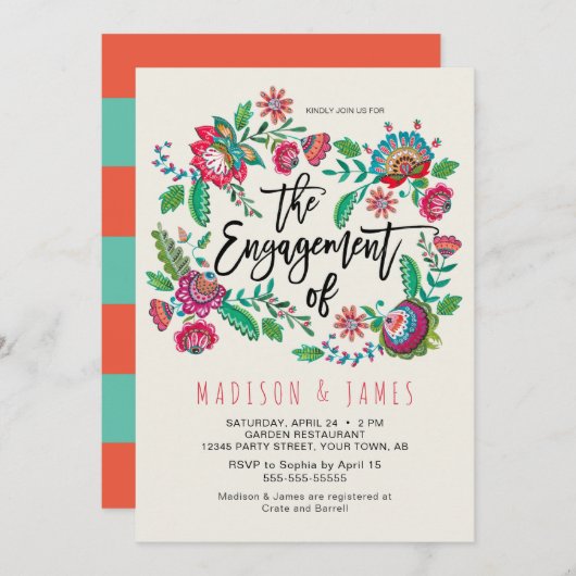 Invitation Boho Orange & Turquoise rayure Fiançailles floral (Devant / Derrière)