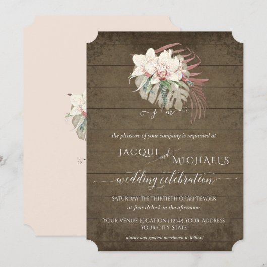Invitation BOHO Orchidée Blanche Rustique Floral Feuillage Tr (Devant / Derrière)