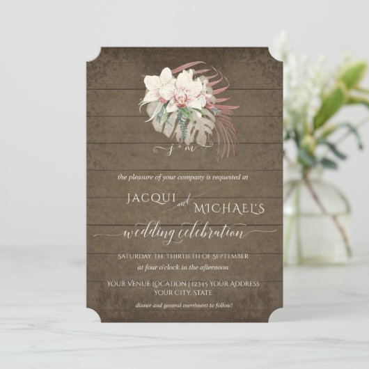 Invitation BOHO Orchidée Blanche Rustique Floral Tropical Feu (Debout devant)