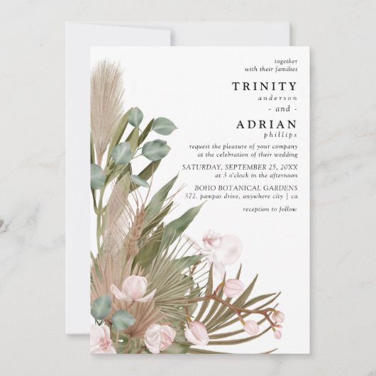 Invitation Boho Orchidées roses Feuilles séchés avec Mariage  (Devant)