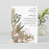 Invitation Boho Orchidées roses Feuilles séchés avec Mariage (Debout devant)