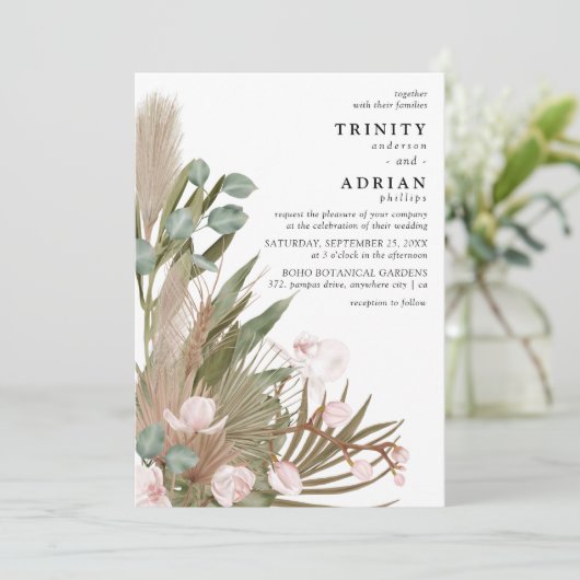 Invitation Boho Orchidées roses Feuilles séchés avec Mariage  (Debout devant)