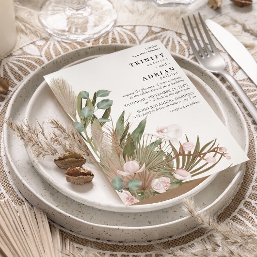 Invitation Boho Orchidées roses Feuilles séchés avec Mariage