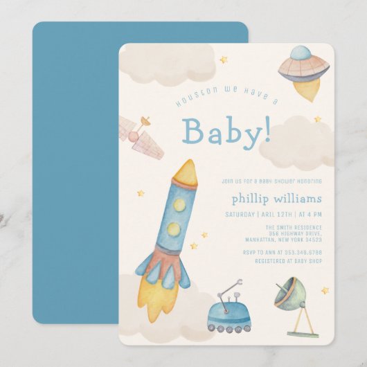 Invitation Boho Outer Space Spaceship Rocket Baby Shower (Devant / Derrière)