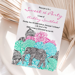 Invitation Boho paisley éléphant pastel floral Sweet 16