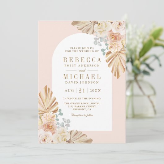 Invitation Boho Palm Dusty Earthy Floral Arch QR Code Mariage (Debout devant)