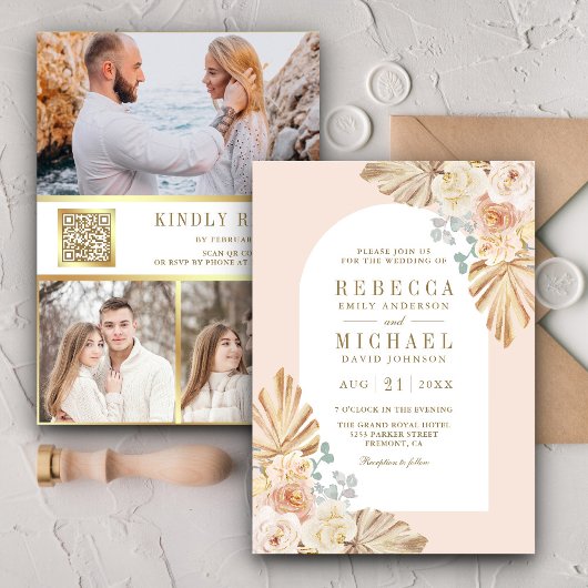 Invitation Boho Palm Dusty Earthy Floral Arch QR Code Mariage