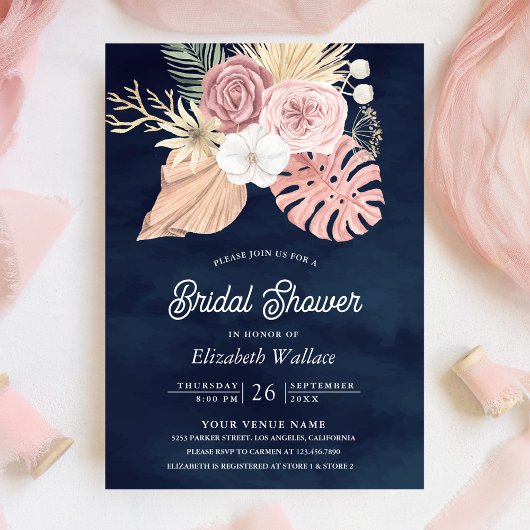 Invitation Boho Palm Dusty Rose Roses Marine Fête des mariées