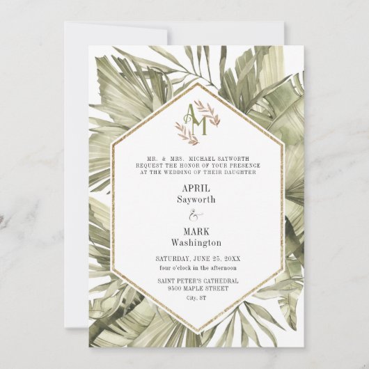 Invitation Boho Palm Feuille de verdure Monogramme Mariage (Devant)