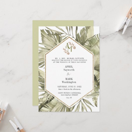 Invitation Boho Palm Feuille de verdure Monogramme Mariage (Devant/Arrière en situation)