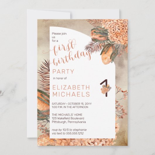 Invitation Boho Palm Feuilles | Hydrangeas 1er anniversaire (Devant)