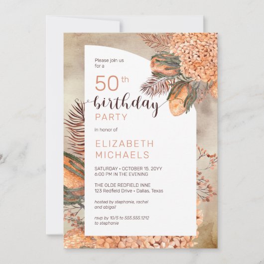 Invitation Boho Palm Feuilles | Hydrangeas 50e fête d'anniver (Devant)