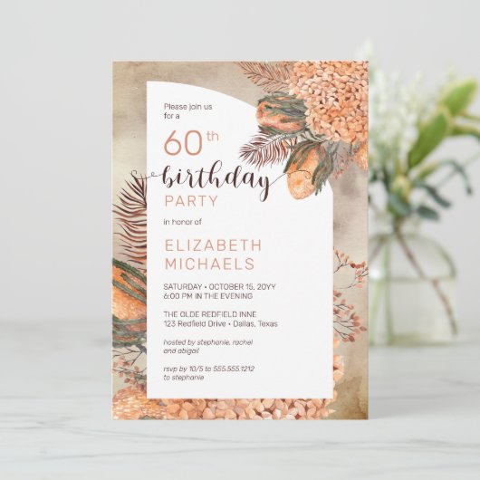 Invitation Boho Palm Feuilles | Hydrangeas 60e fête d'anniver (Debout devant)