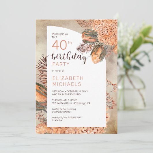 Invitation Boho Palm Feuilles | Hydrangeas fête du 40e annive (Debout devant)