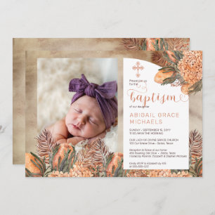 Invitation Boho Palm Feuilles Hydrangeas Girl Photo Baptême D