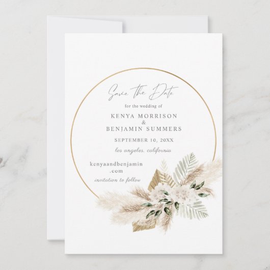 Invitation Boho Palm Pampas Grass Floral Enregistrer la date (Devant)