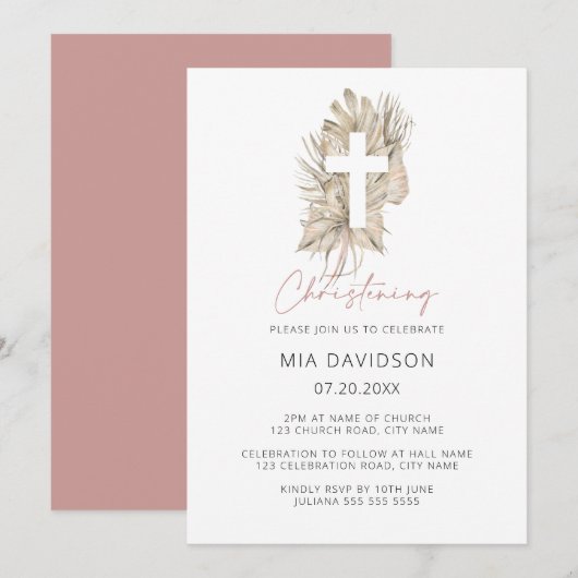 Invitation Boho Palm rose Aquarelle Floral Cross Christening (Devant / Derrière)