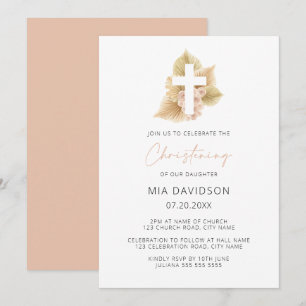 Invitation Boho Palm Rose Blush Rose Floral Cross Christening