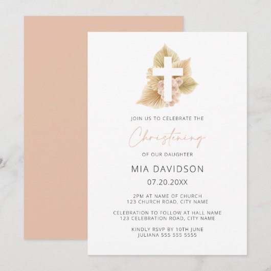 Invitation Boho Palm Rose Blush Rose Floral Cross Christening (Devant / Derrière)