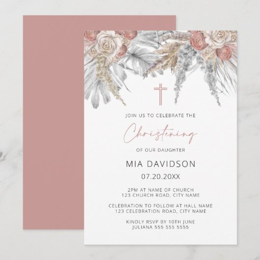 Invitation Boho Palm rose Pampas Herbe Floral Christening (Devant / Derrière)