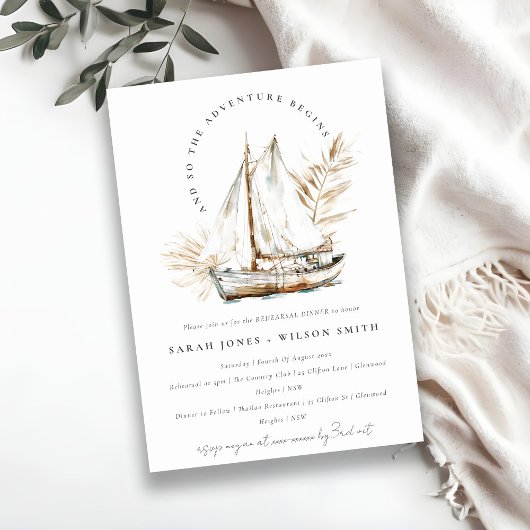 Invitation Boho Palm Sailboat Seascape Rehearer Dîner