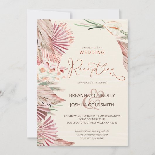 Invitation Boho Palm séché Foliage Réception de mariage uniqu (Devant)