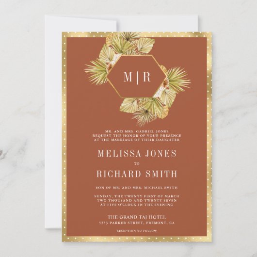 Invitation Boho Palm Terme Floral Terracotta QR Code Mariage (Devant)