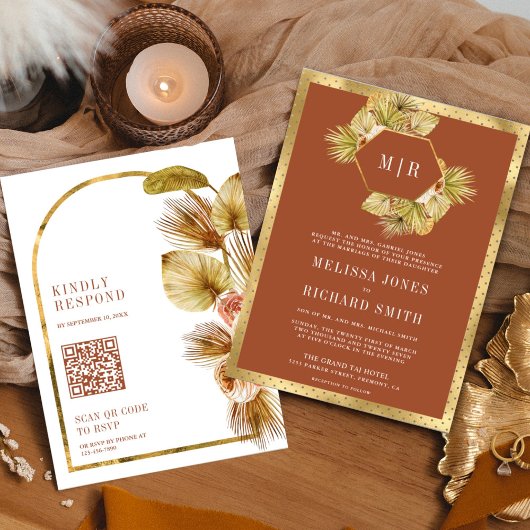 Invitation Boho Palm Terme Floral Terracotta QR Code Mariage
