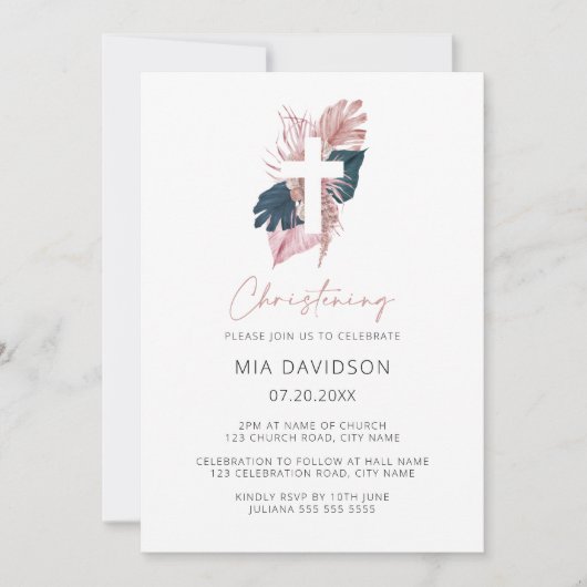 Invitation Boho Palm Vert Aquarelle rose Floral Christening (Devant)