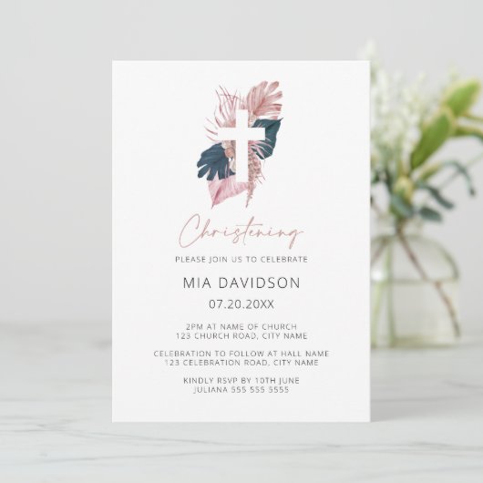 Invitation Boho Palm Vert Aquarelle rose Floral Christening (Debout devant)