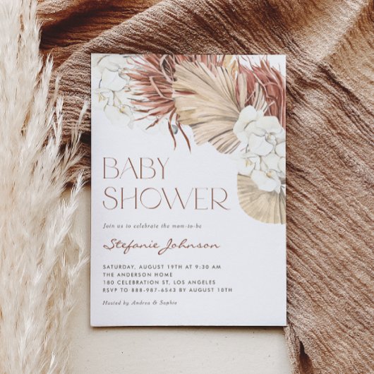 Invitation Boho Palmier Séché et Orchidée Code QR Baby Shower