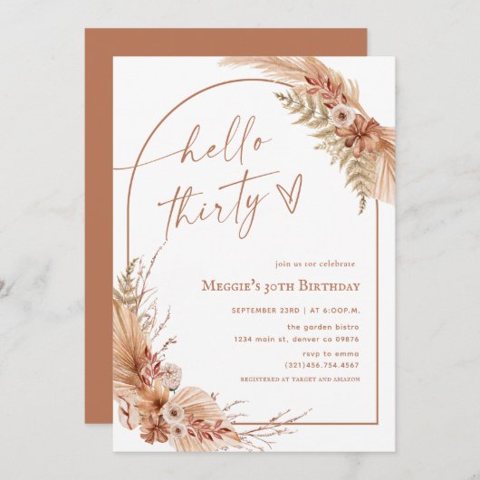 Invitation Boho Pampas 30e anniversaire (Devant / Derrière)