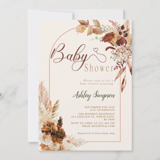 Invitation Boho Pampas Baby shower en herbe (Devant)